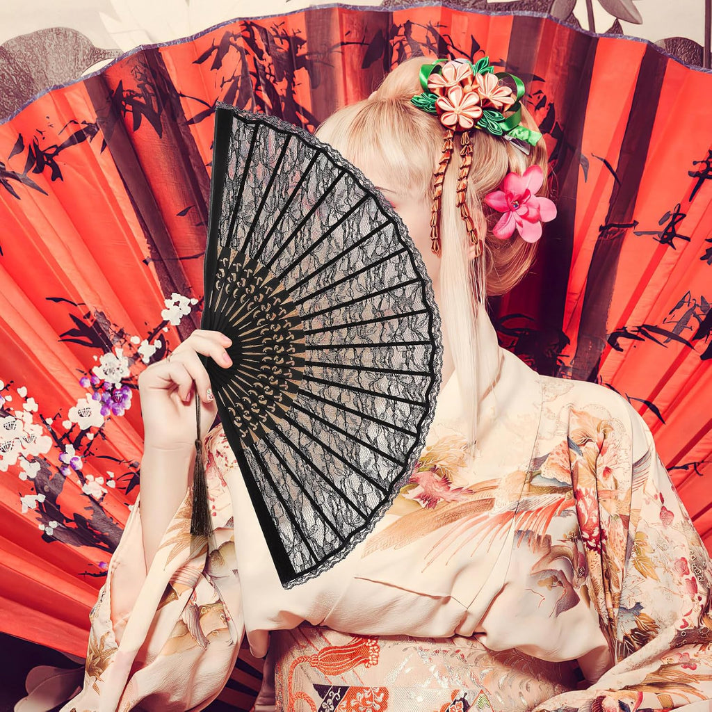 Sewroro Black Lace Folding Fan, Spanish Victorian Hand Fan, Bamboo Lace Foldable for Summer Wedding Party Favor And Fancy Dress