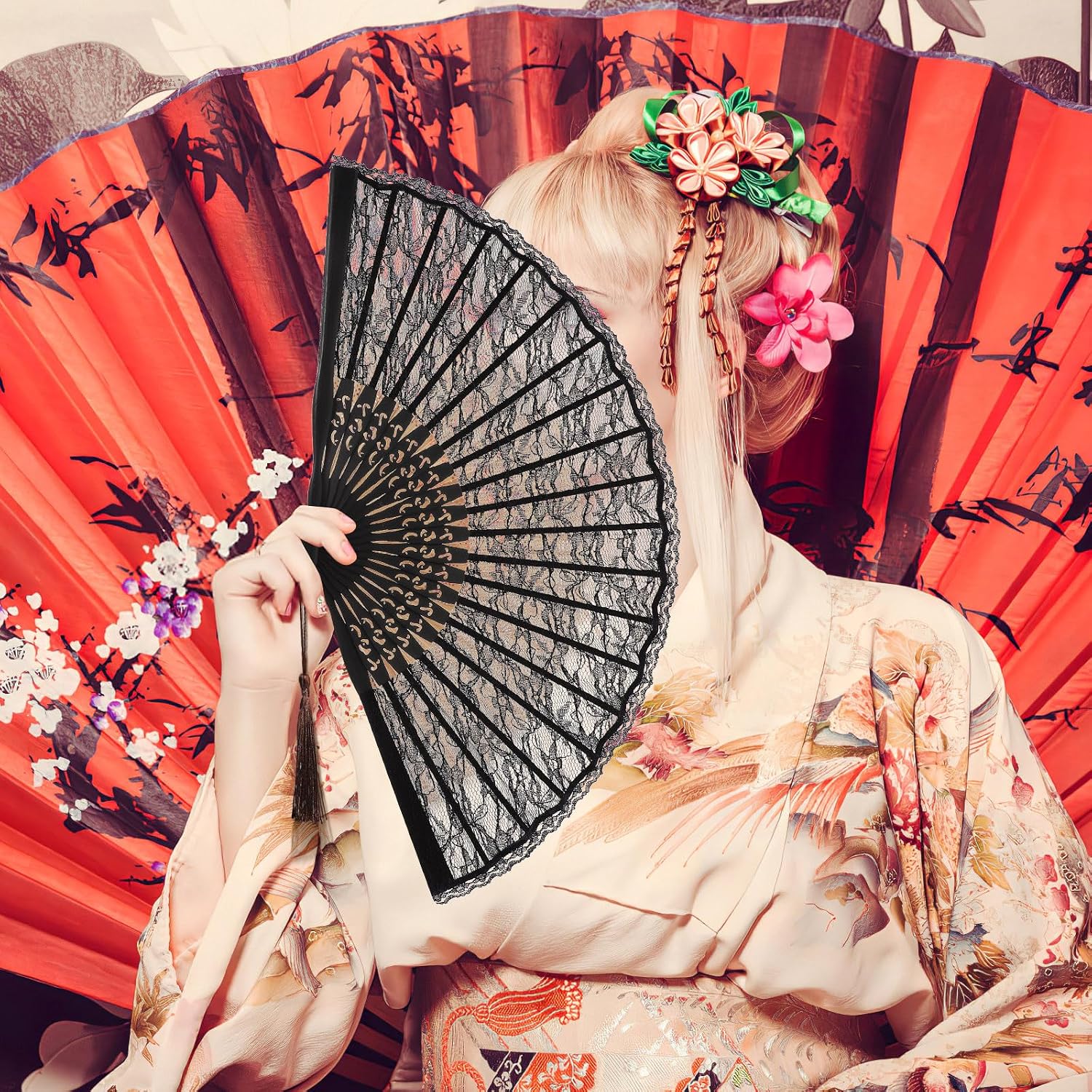 Sewroro Black Lace Folding Fan, Spanish Victorian Hand Fan, Bamboo Lace Foldable for Summer Wedding Party Favor And Fancy Dress