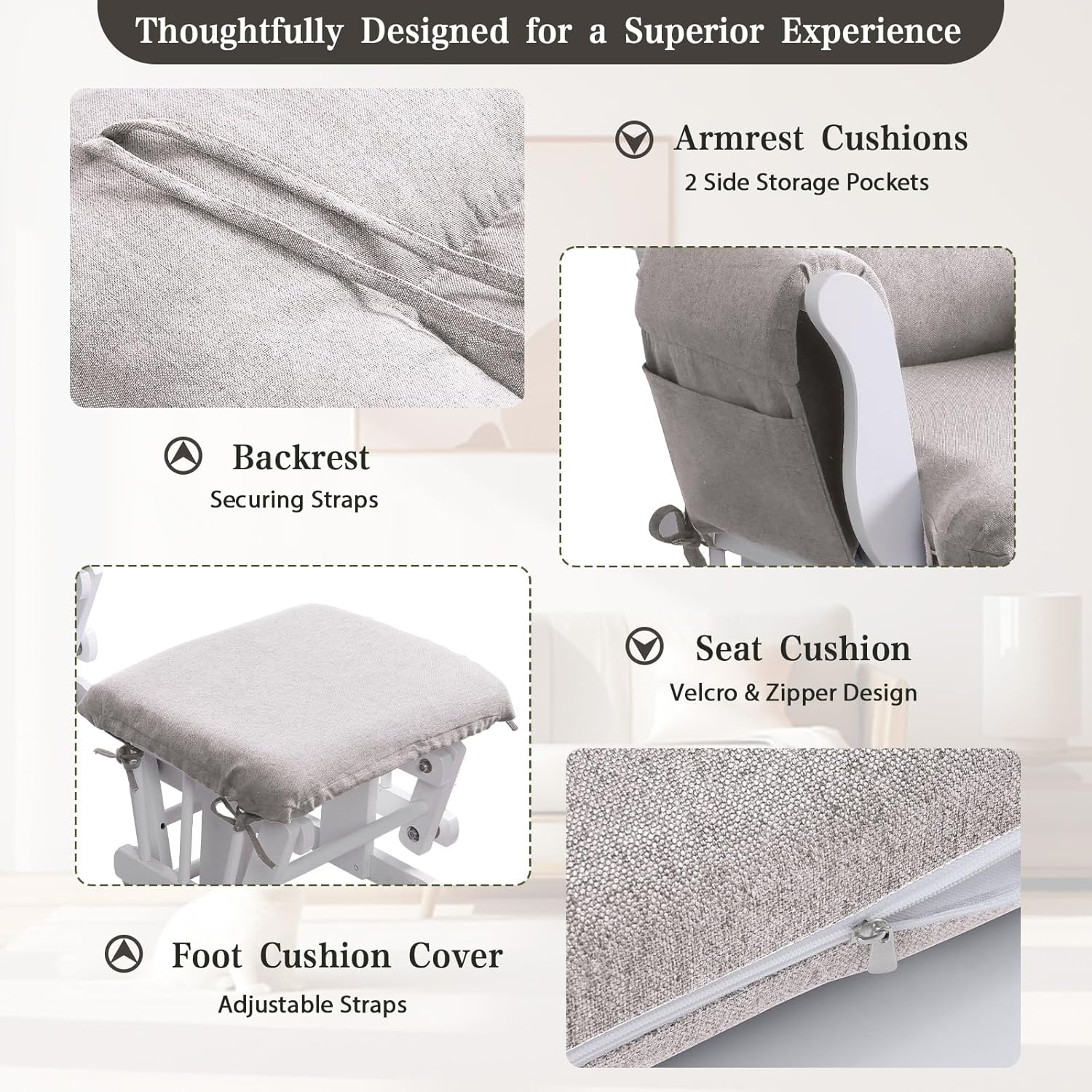 ANMINY 5pcs Glider Rocker Replacement Cushions Set - Thickened Glider Rocking Chair Cushions with 29.5 inch High Backrest & Side Pockets for Indoor Nursery, Washable & Non Slip, Beige