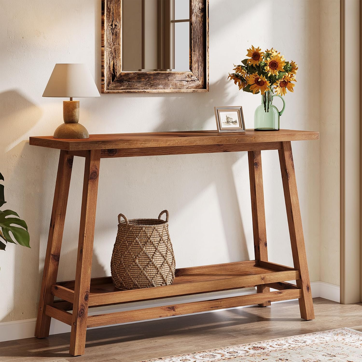 41.3" Farmhouse Console Table, Solid Wood Entryway Table with Storage Shelf, 2 Tiers of Narrow Behind Couch Sofa Furniture for Living Room, Hallway, Foyer, Easy Assembly