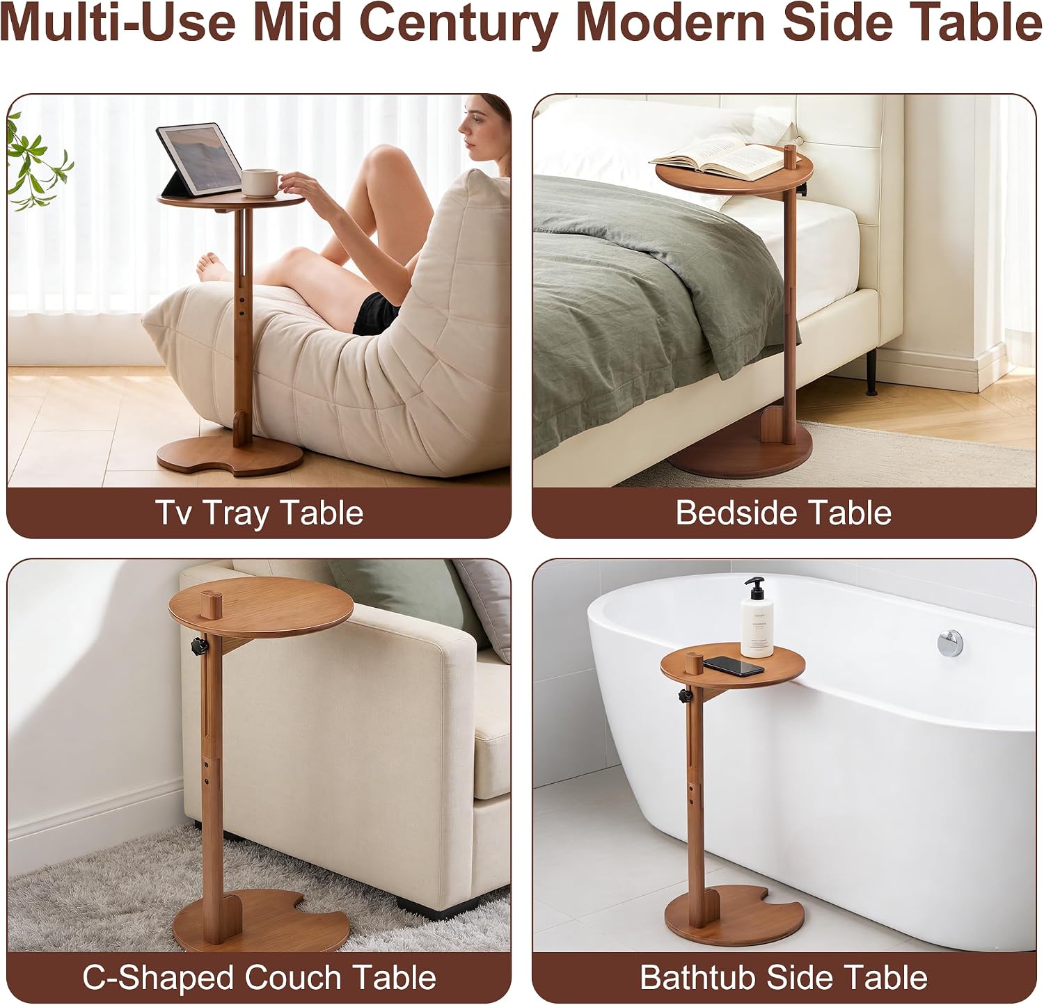 18–26" Height Adjustable Bamboo C-Shaped Side End Table for Sofa | Slides Under Couch; Round Solid Bamboo Top; Works as Laptop Desk & TV Tray; Space-Saving for Small Living Rooms and Bedrooms