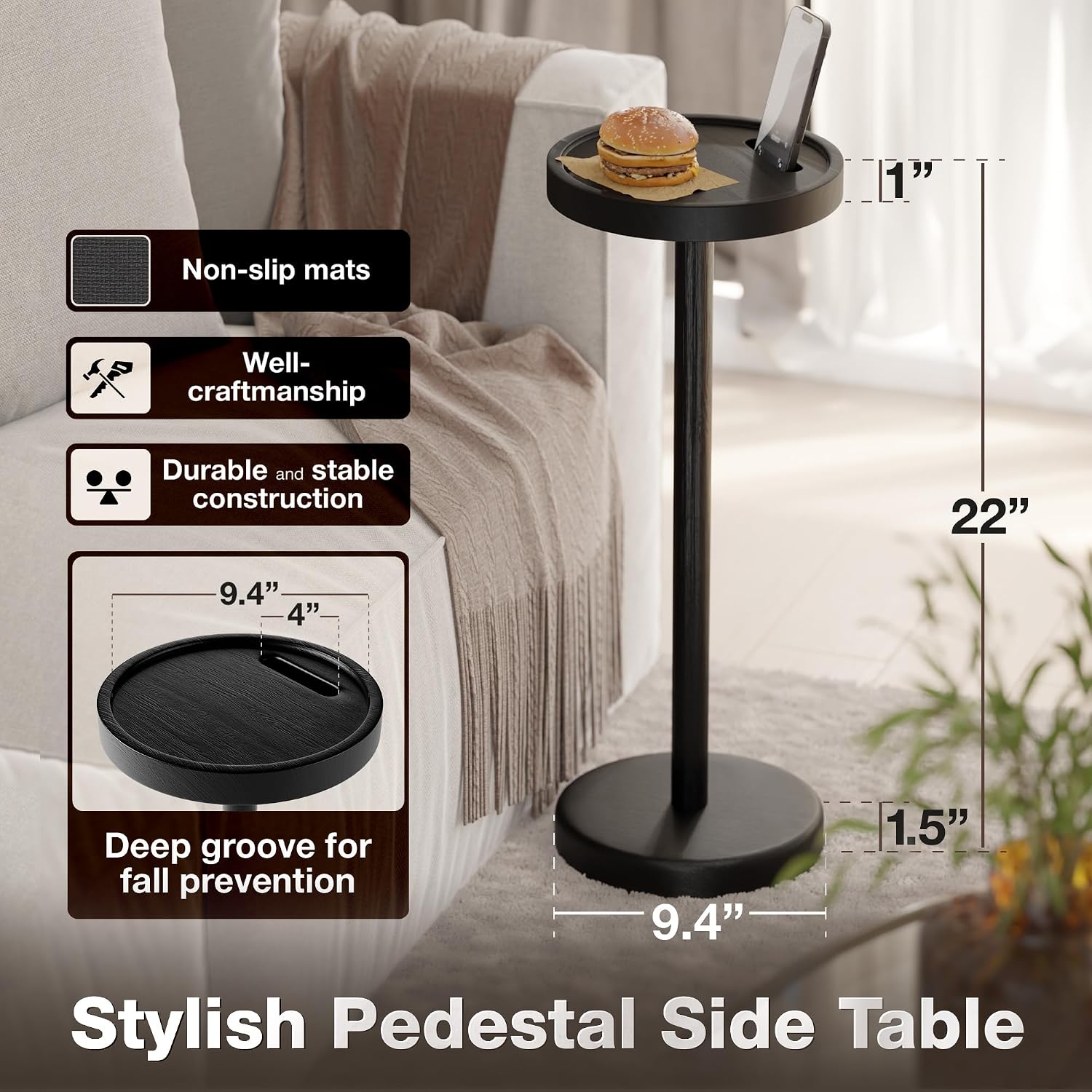 BLUEWEST Drink Table, 22" Tall Compact Side Table with Phone Slot and Weighted Base, Durable Pedestal Table Accent for Living Room, Bedroom, or Office, Cocktail and Martin (1, Black)