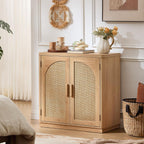 LEYAOYAO Rattan Sideboard Buffet Cabinet with Storage, 31.5" Coffee Bar Cabinet with Arch Doors & Adjustable Shelves, Wood Credenza, Boho Accent Cabinet for Kitchen, Living Room, Natural