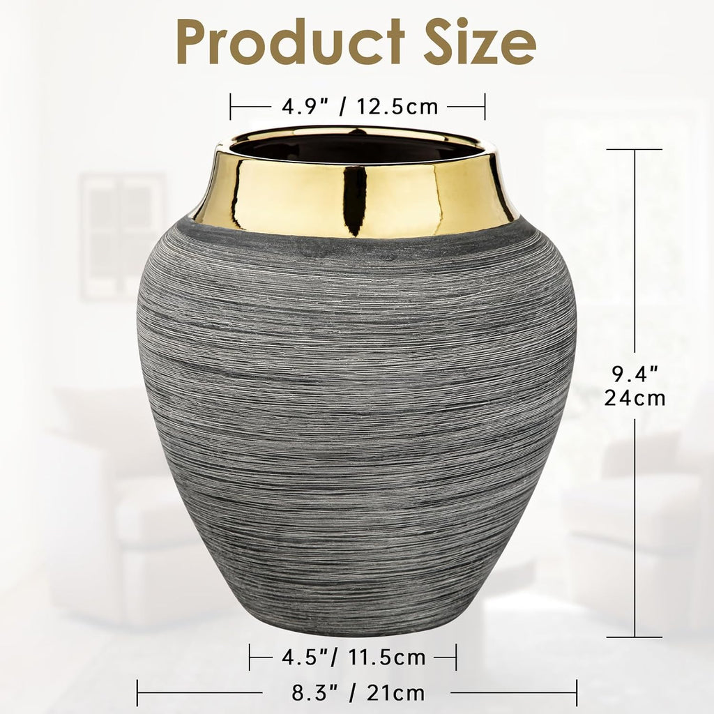 Rustic Ceramic Vase with Gold Rim – 9.4" Decorative Flower Vases for Living Room, Dining Table Centerpiece & Shelf Décor – Modern Farmhouse, Boho & Contemporary Home Accents