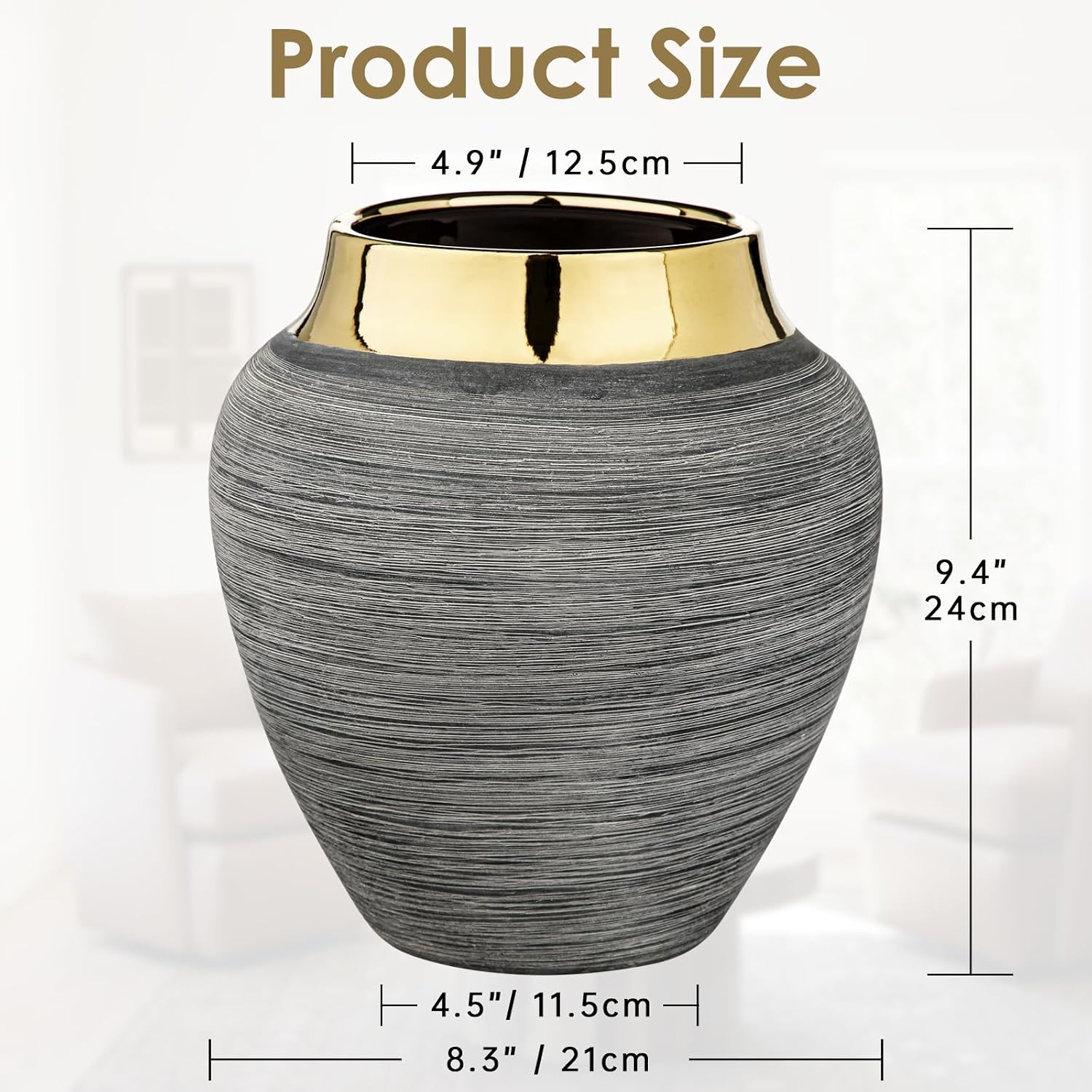 Rustic Ceramic Vase with Gold Rim – 9.4" Decorative Flower Vases for Living Room, Dining Table Centerpiece & Shelf Décor – Modern Farmhouse, Boho & Contemporary Home Accents