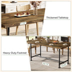 63-Inch Solid Wood Dining Table for 4-6, Industrial Large Kitchen Table with Metal Footrest, Rectangular Wooden Dinner Tables with Sturdy Metal Frame for Dining Room, Rustic Brown