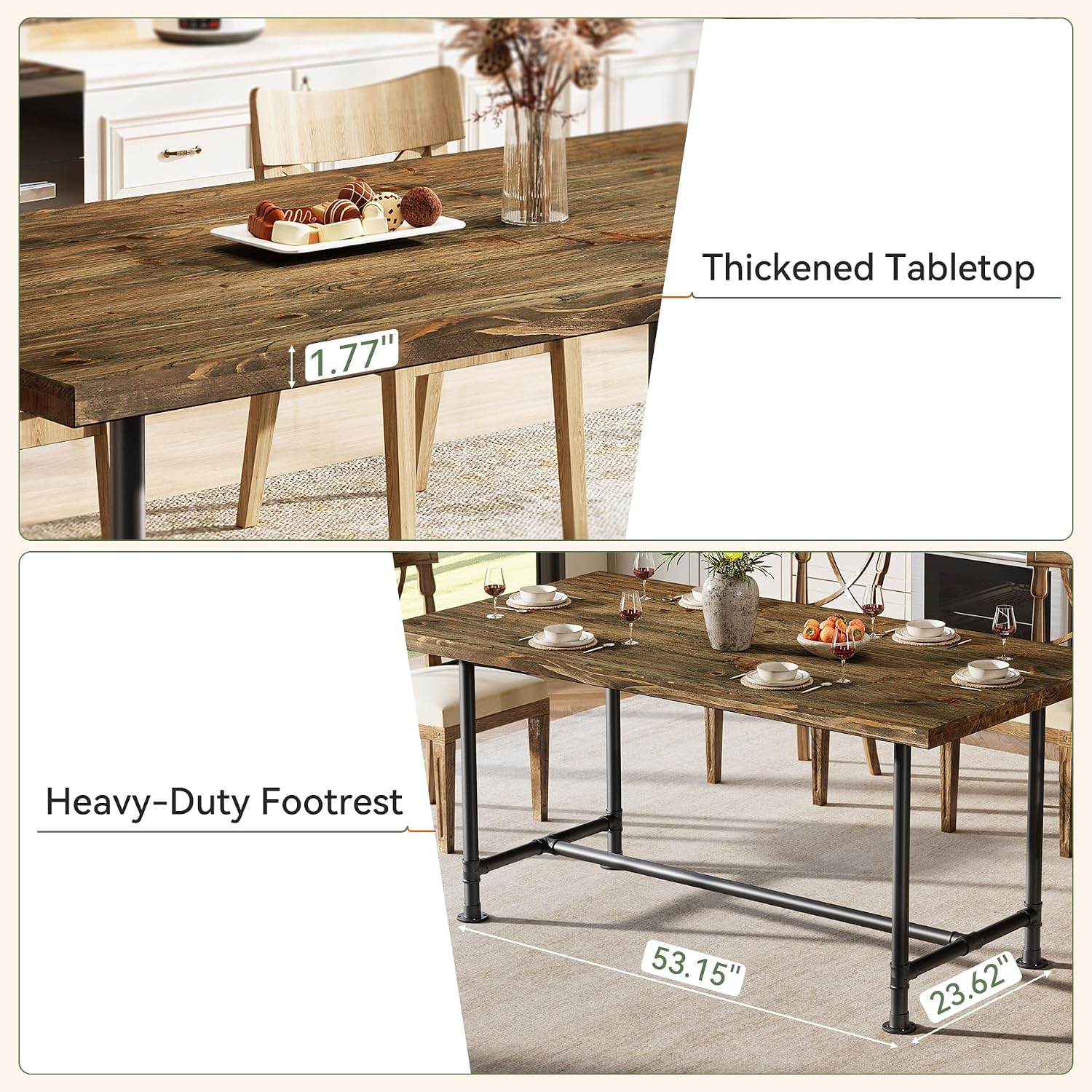 63-Inch Solid Wood Dining Table for 4-6, Industrial Large Kitchen Table with Metal Footrest, Rectangular Wooden Dinner Tables with Sturdy Metal Frame for Dining Room, Rustic Brown