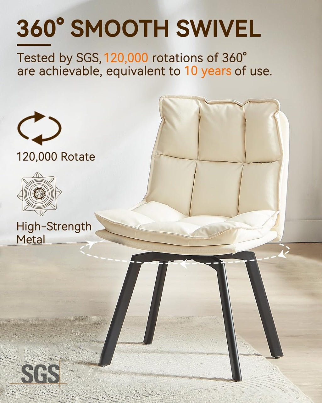 BedsPick 360° Swivel Dining Chair Set of 2 - Faux Leather Upholstered Kitchen Chair, Mid Century Modern Dining Room Chair with Metal Legs for Kithcen/Living Room/Reception/Office, Beige