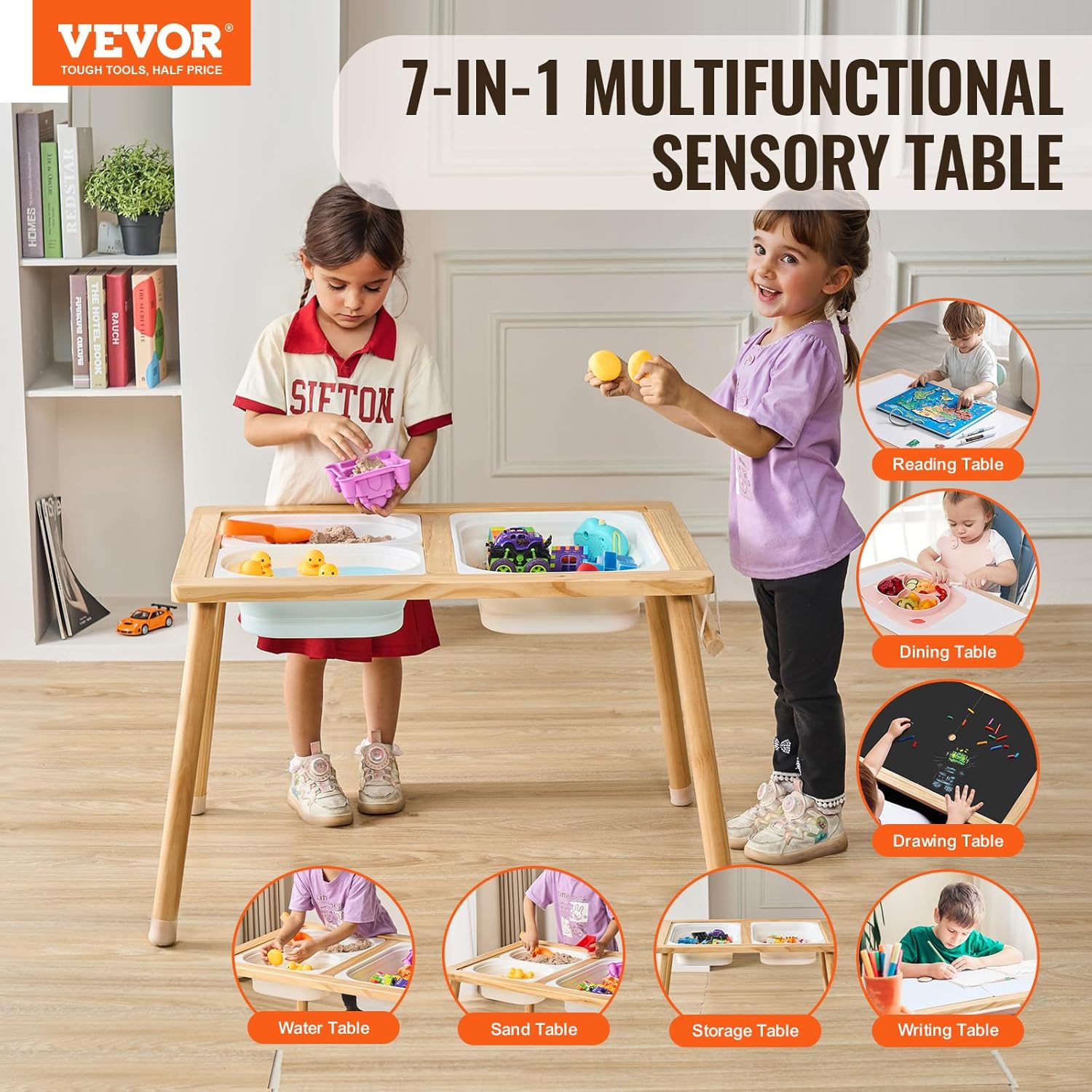 VEVOR Sensory Table for Toddlers, Activity with 3 Foldable Storage Bins, Paper Roll Holder, Indoor/Outdoor Play Sand and Water, Wooden Drawing Table, Gift for Boys Girls