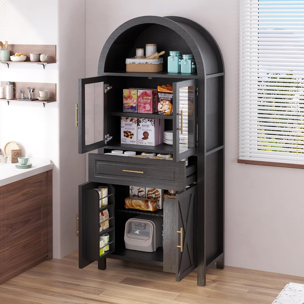 71" Tall Arched Kitchen Pantry with Glass Door, Farmhouse Storage Cabinet with Adjustable Shelves & Barn Door for Kitchen, Living Room, Dining Room, Black
