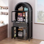 71" Tall Arched Kitchen Pantry with Glass Door, Farmhouse Storage Cabinet with Adjustable Shelves & Barn Door for Kitchen, Living Room, Dining Room, Black