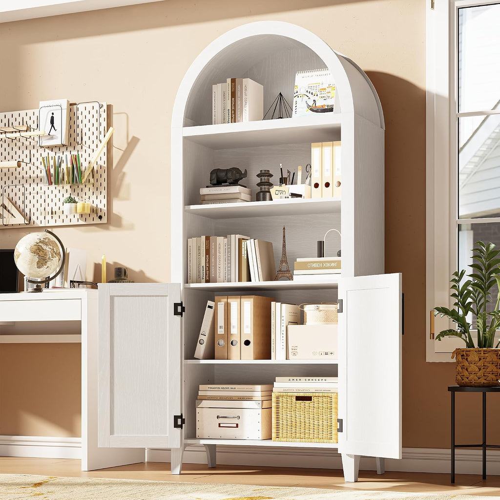 IDEALHOUSE Arched Kitchen Pantry Cabinet with Doors, 5 Tiers Open Boho Display Shelf with Rattan Decor, Farmhouse Storage Cabinet for Dining Room, Living Room, Bathroom, Home Office, White