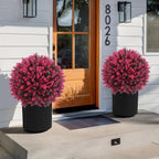 Artificial Red Eucalyptus Topiary Ball Tree 24" with Ground Spike, Set of 2 Artificial Boxwood Bushes for Faux Shrubs, Fake Evergreen Faux Plant for Indoor Outdoor Garden -UV Resistant–Fade-Proof