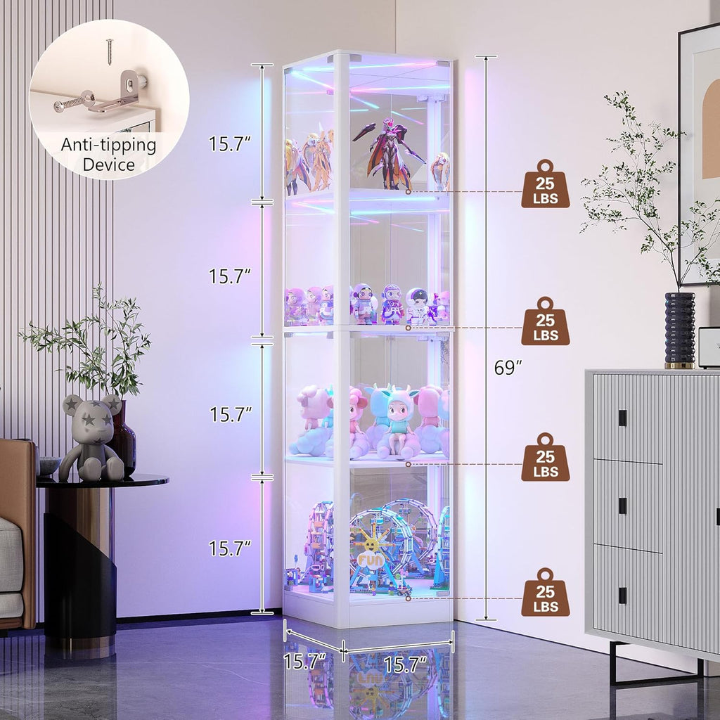 Corner Glass Display Cabinet with RGB Lights, 68" Curio Cabinet with Glass Doors, 4-Tier Display Case for Collectibles, Lighted Display Shelf for Living Room Bedroom, White