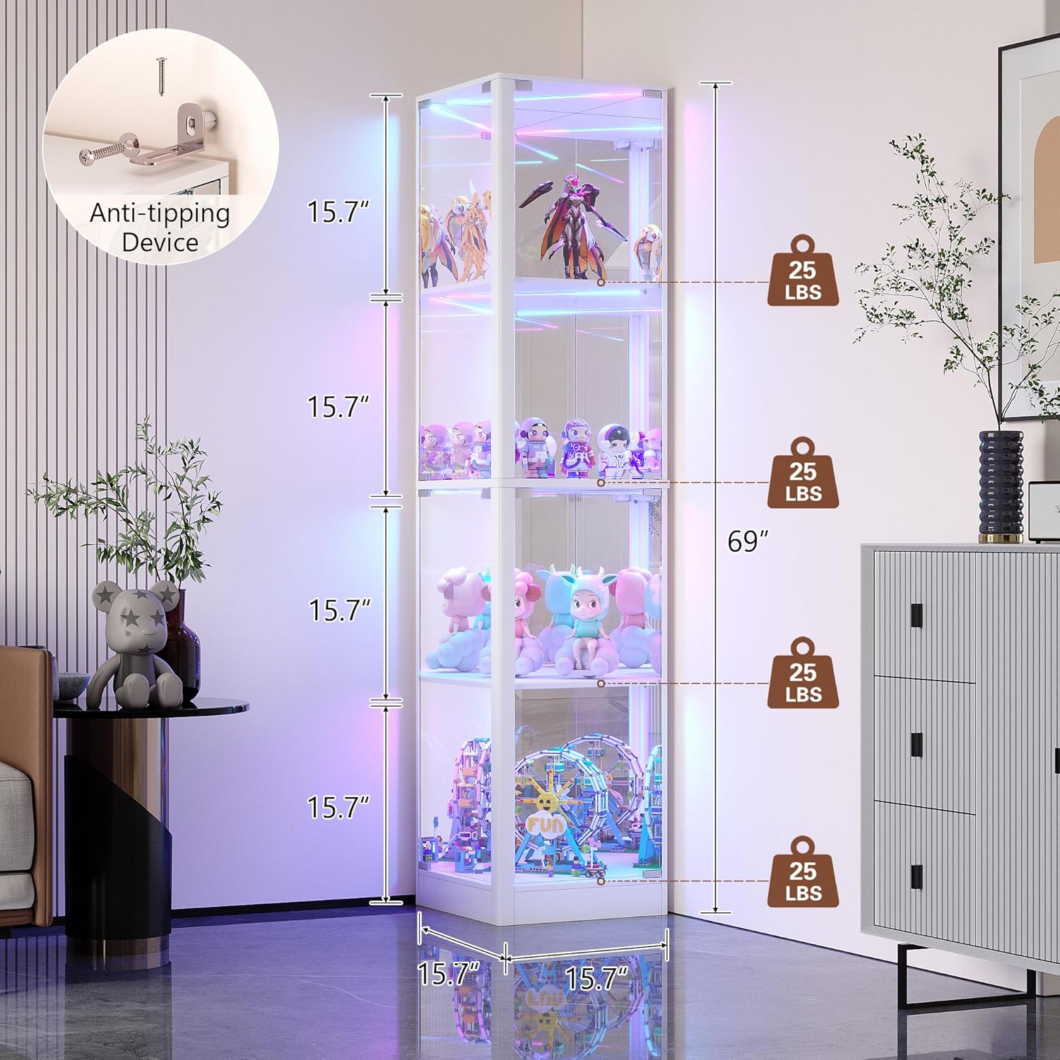 Corner Glass Display Cabinet with RGB Lights, 68" Curio Cabinet with Glass Doors, 4-Tier Display Case for Collectibles, Lighted Display Shelf for Living Room Bedroom, White