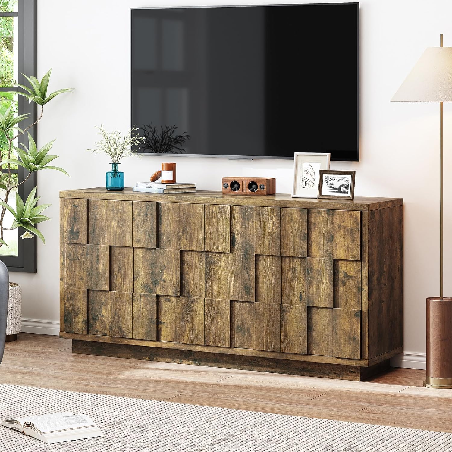 ONBRILL 60" Sideboard Buffet Cabinet with Storage, Irregular Panel Design Credenza Mid Century Farmhouse Coffee Bar Cabinet with 4 Doors & Adjustable Shelves for Living Room, Hallway (Rustic Brown)