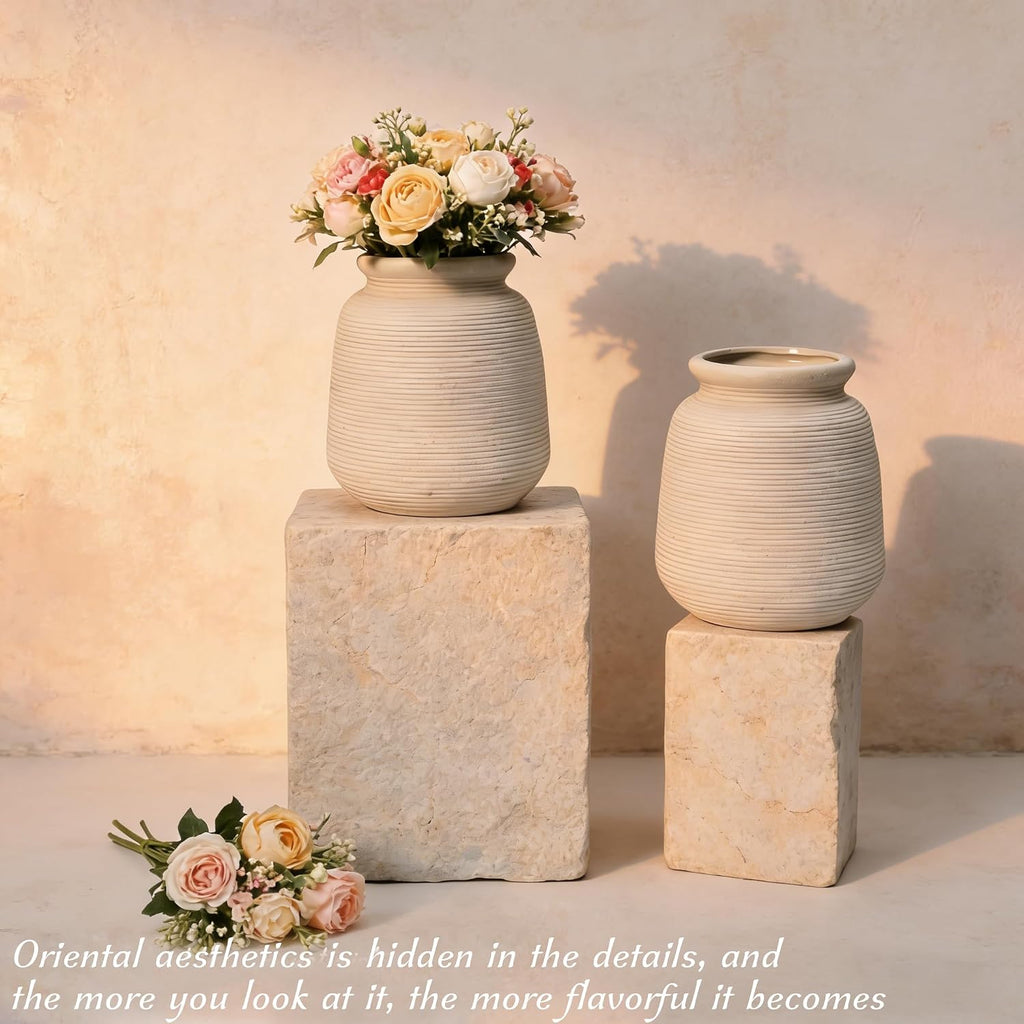 Ceramic Vase Set of 2, 7.1" Handcrafted Rustic Flower Vases for Modern Home Decor, Boho Farmhouse Decorative Vases for Living Room, Table, Shelf, Ideal Gift for Mother's Day, Birthday, Housewarming