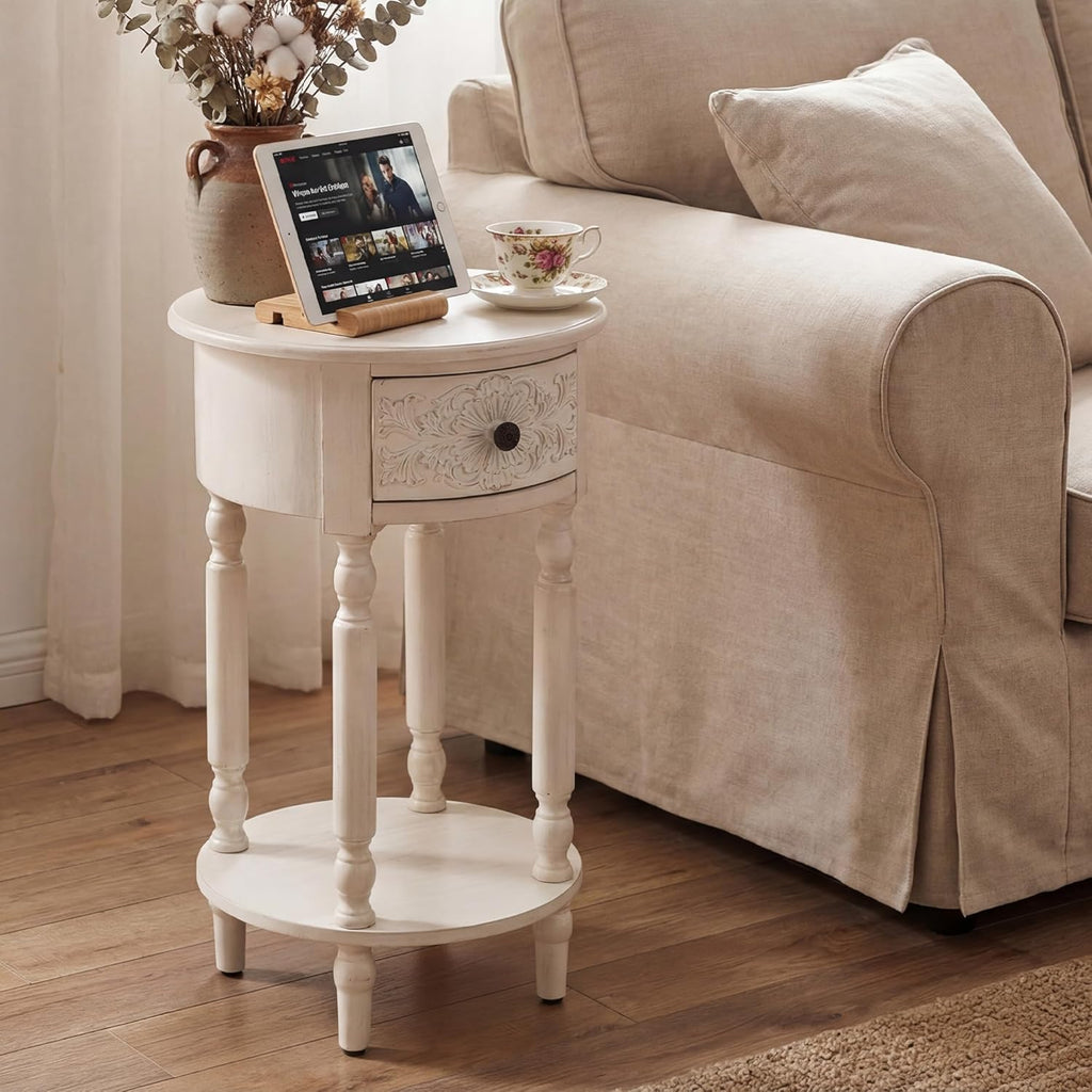 COSIEST White Nightstand with Drawer and Shelf, 25.4" Tall French Vintage Bedside Table, Small End Table with Hand-Carved Floral Resin Face, Wood Accent Side Table for Bedroom & Living Room