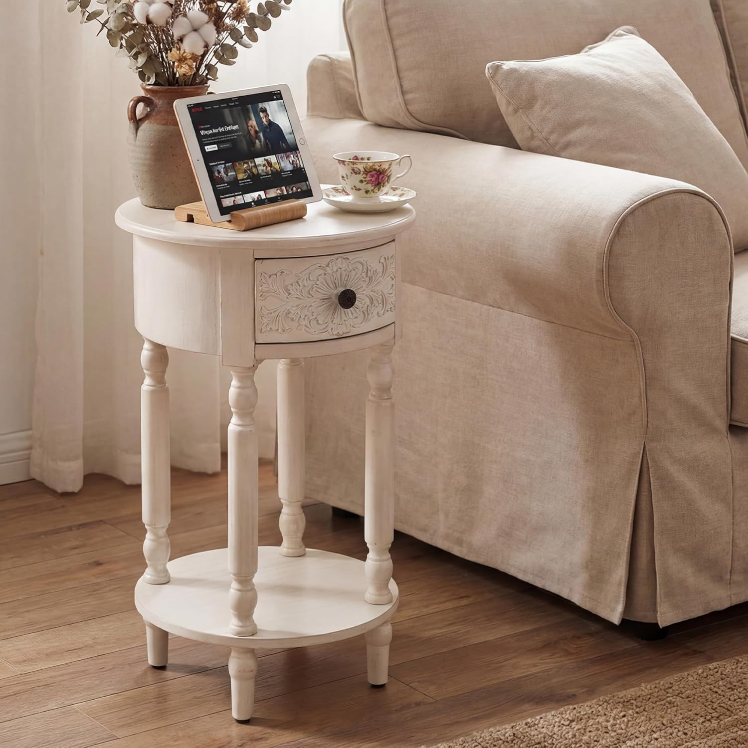 COSIEST White Nightstand with Drawer and Shelf, 25.4" Tall French Vintage Bedside Table, Small End Table with Hand-Carved Floral Resin Face, Wood Accent Side Table for Bedroom & Living Room