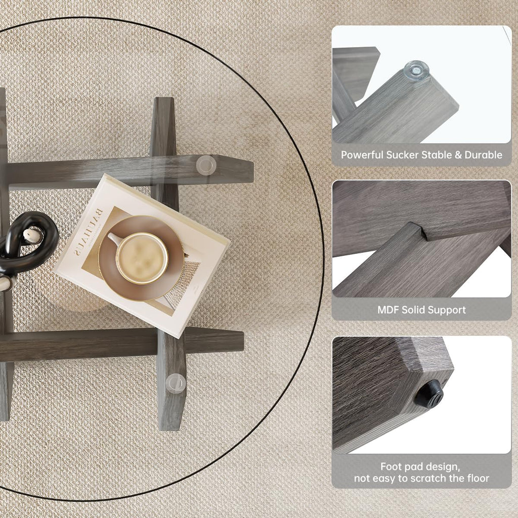 Gray Round Glass Coffee Table,33-Inch Coffee Tables for Living Room Clear Circle Accent Table Adapts to Farmhouse and Contemporary Decor