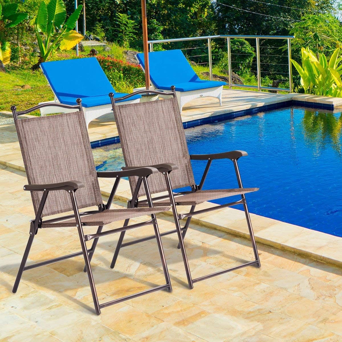 Giantex Set of 2 Patio Folding Chairs, Outdoor Patio Dining Chairs w/Armrest, Sling Back, Metal Frame, Outside Use for Lawn Camping Garden Pool Beach Yard Lounge, No Assembly, Brown
