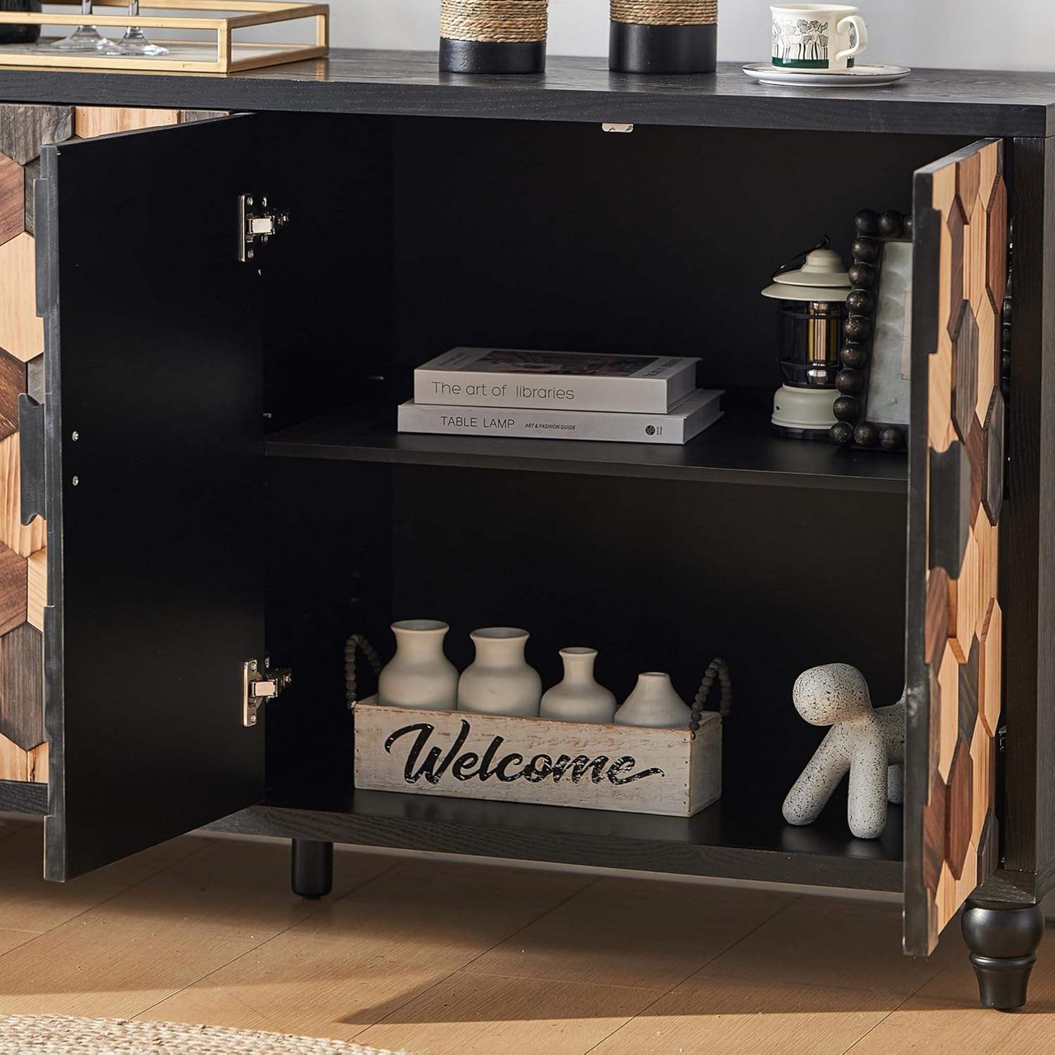 60" Geometric Sideboard Buffet Modern Farmhouse Credenza Storage Cabinet with 4 Hexagonal Honeycomb Parquet Doors for Kitchen Living Room Entryway Black & Multi Wood Tone
