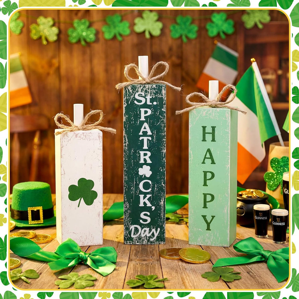 MiniInflat 3 Pcs St. Patrick's Day Table Decor Irish Tiered Tray Decor Green and White Clover Block Sign Rustic Farmhouse Wooden Tabletop Centerpieces for Home Office Kitchen Shelf Decorations
