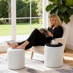 White Vanity Stool Set of 2 - Round Storage Ottoman with Lid, Velvet Footrest Pouf for Makeup Room & Living Room, Multi-Use Small Chair with Hidden Storage（White）