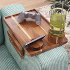3 in 1 Acacia Wood Couch Arm Tray,Couch Tray with Cup Holder and Phone Holder,Folding Sofa Armrest Trays Clip-On Sofas Desk for Drinks,Snacks,Phone,Remote Control