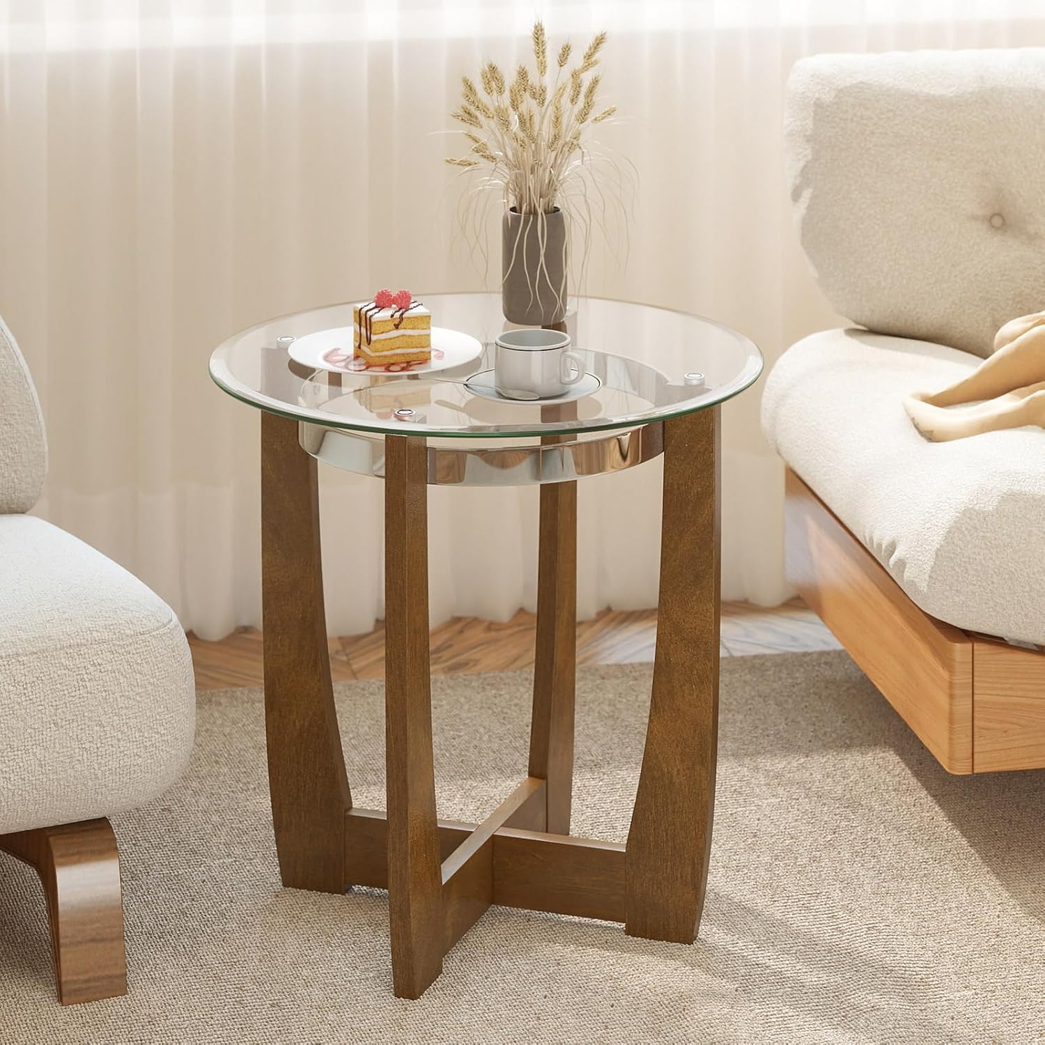GOFLAME Glass End Table, 24” Round Sofa Side Table with Solid Rubber Wood Frame, Tempered Glass Top, Cross Base, Modern Circle Coffee Table for Living Room, Bedroom, Apartment, Walnut