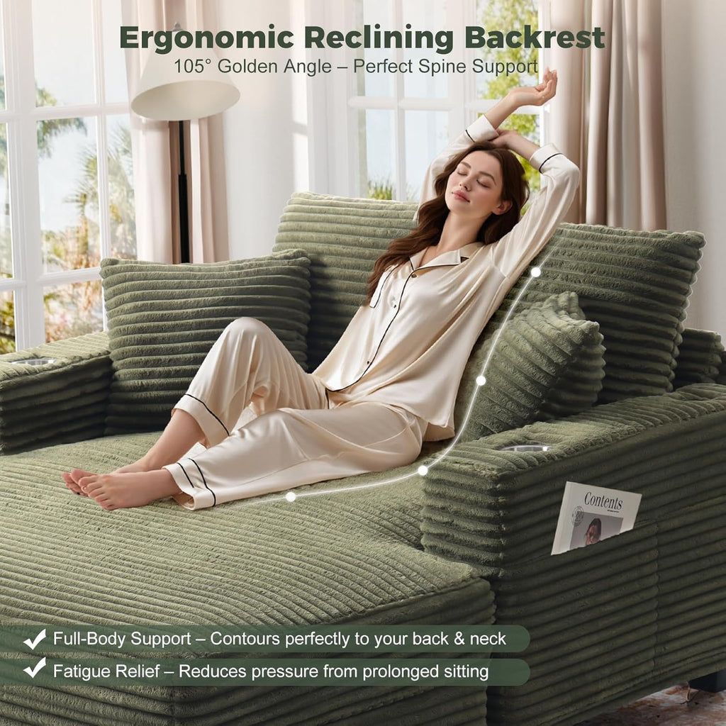 HUSFU 60'' Oversized Chaise Lounge Chair Indoor, Comfy Plush Faux Fur Lounge Sofa Bed w/USB Charging Port,Cup Holders & Throw Pillows,Cozy Sleeper Couch for Living Room Apartments,Green
