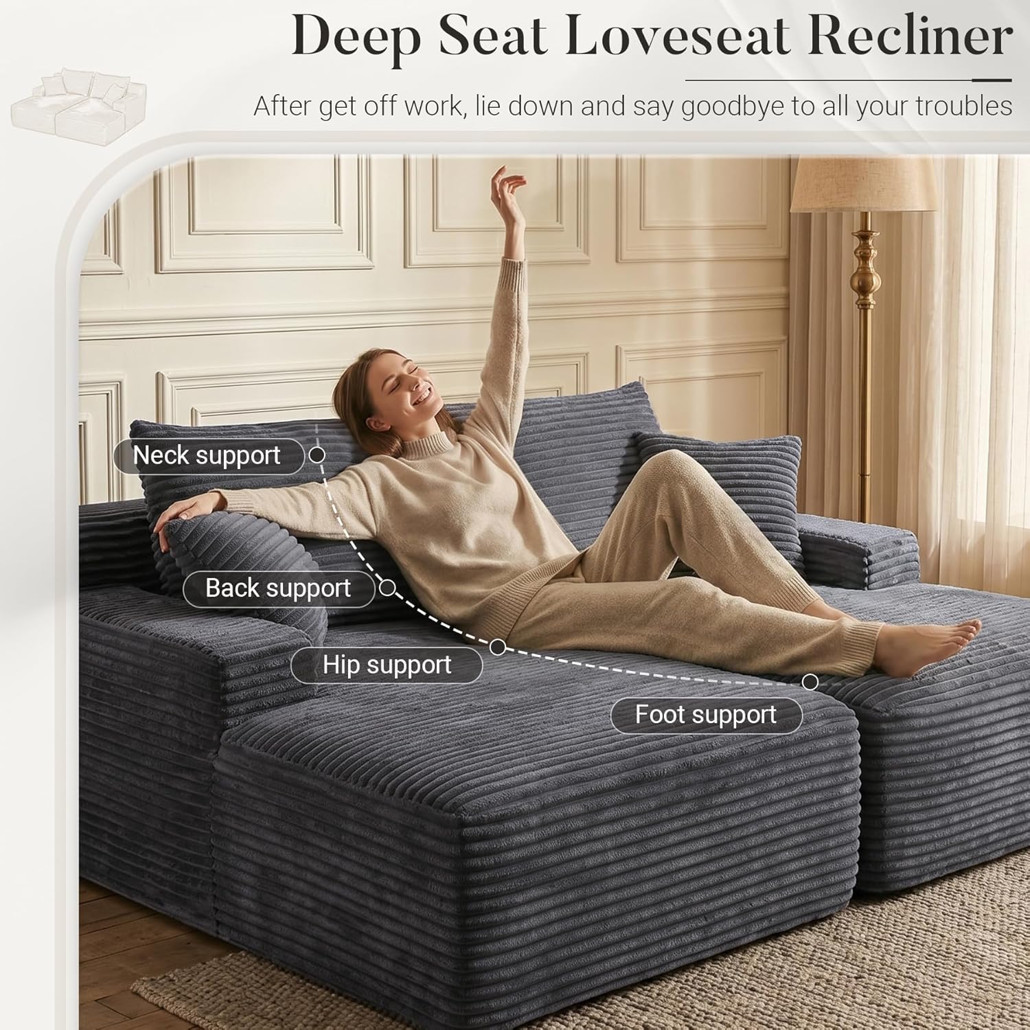 80" Boneless Chaise Lounge Chair Indoor, Double Chaise Lounge Chairs Indoor,Boneless Loveseat Chairs with Comfort Corduroy, No Assembly Required/40D Memory Foam/Living Room/Bedroom (Grey)