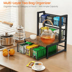 Homode Tea Bag Organizer, 3 Tier Tea Storage Container Box, Wood Tea Station Caddy, Teabag Holder Stand with Drawer Basket, Large Tea Chest Display Rack for Countertop Cabinet Office, Rustic Brown