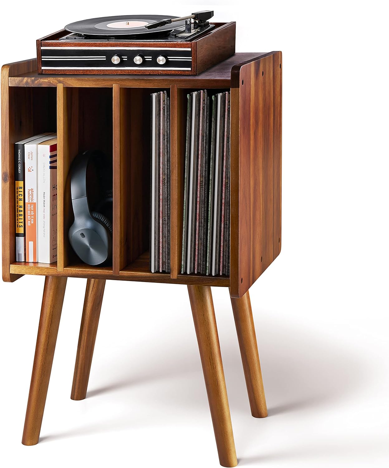 2BHOME Wooden LP Record Player Stand with 4 Cabinets, Holds up to 100 Vinyls, Metal Record Storage Holder and Organizer Table, Classical Design for Files/Book (Mid-Century Modern)