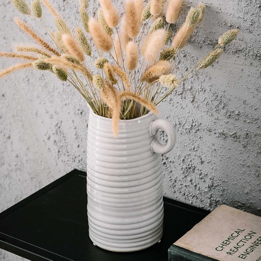 Kimdio White Ceramic Vase with Handle, Modern Farmhouse Pitcher Vases for Home Decor, Rustic Texture Pottery Vase, Decorative Flower Vase, Clay Vase, Centerpieces for for Living Room