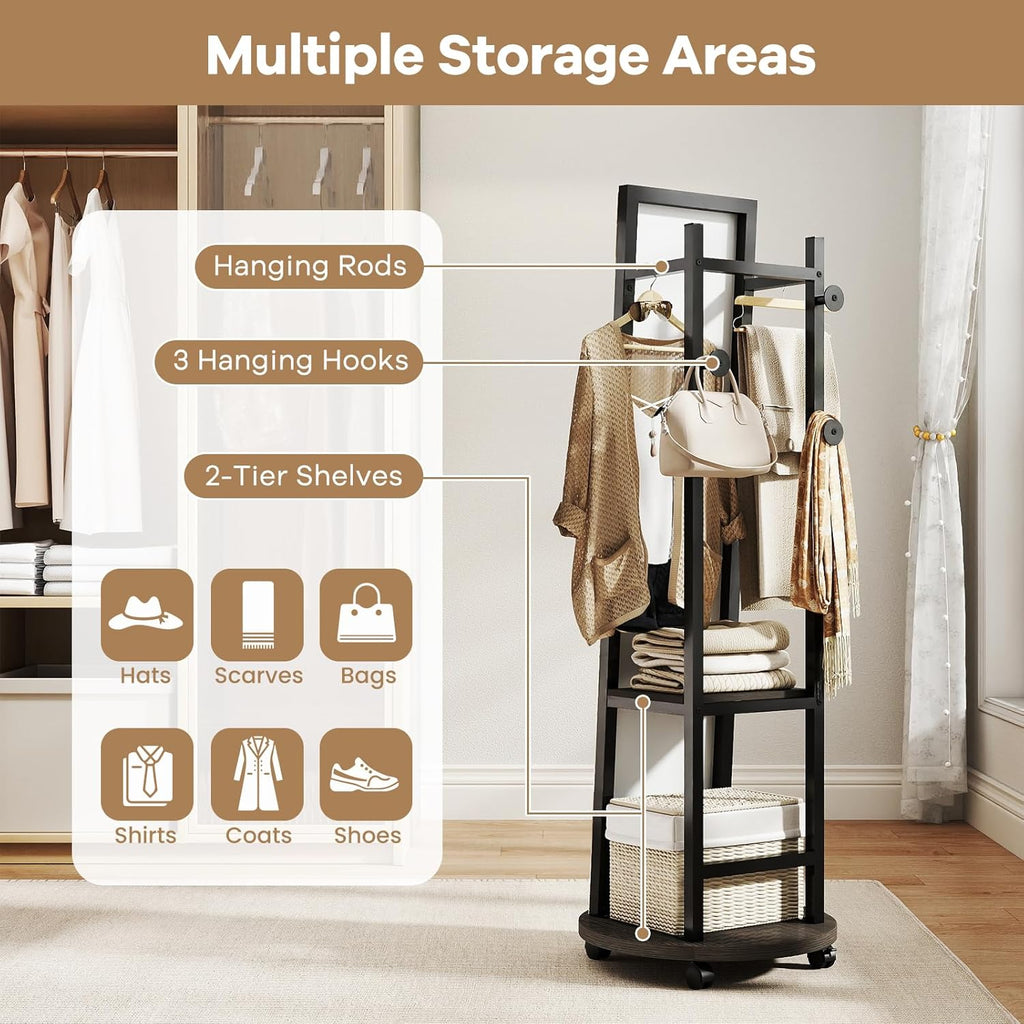 Tangkula Full Length Mirror with Coat Rack, Swivel 55" Standing Floor Mirror on Wheels with Shelves, Hanging Rods & Hooks, Coat Tree with Full Body Mirror for Living Room, Entryway, Bedroom