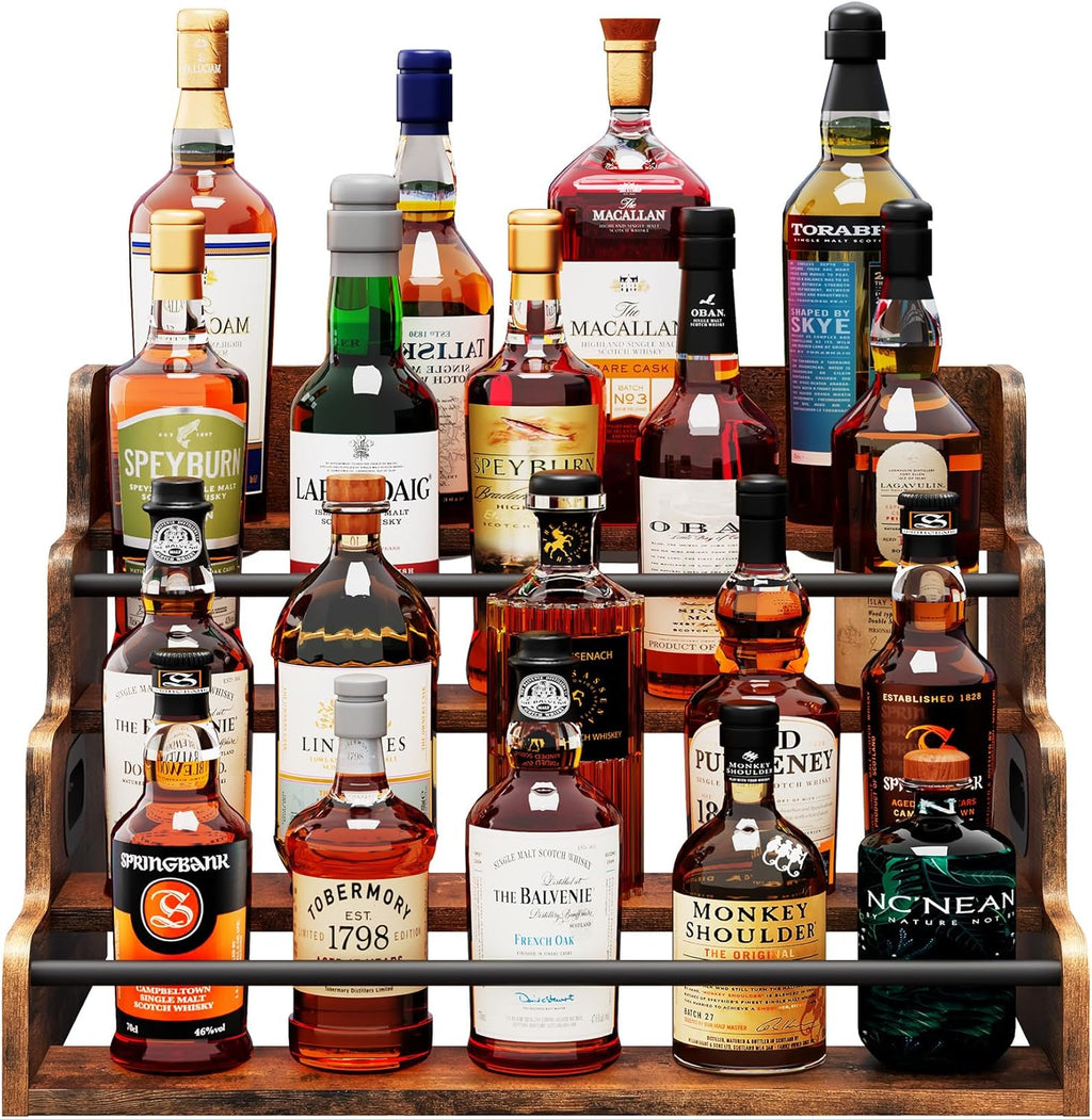LIVELYGLOW 19.6”W x 15.74" D x 12.5" H Inches Versatile 4-Step Coffee Syrup & Water Bottle Organizer Rack Multi-Functional Retro Display Shelf for Kitchen or Bar, Holds Liquor & Spirits, Wooden