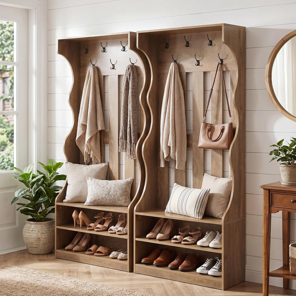 LITTLE TREE 3-In-1 Coat Rack with Shoe Bench, 70.9" Tall Hall Tree with 7 Hooks, Farmhouse Entryway Coat Rack with 2 Tier Shoe Storage for Entryway, Living Room, Bedroom, Brown