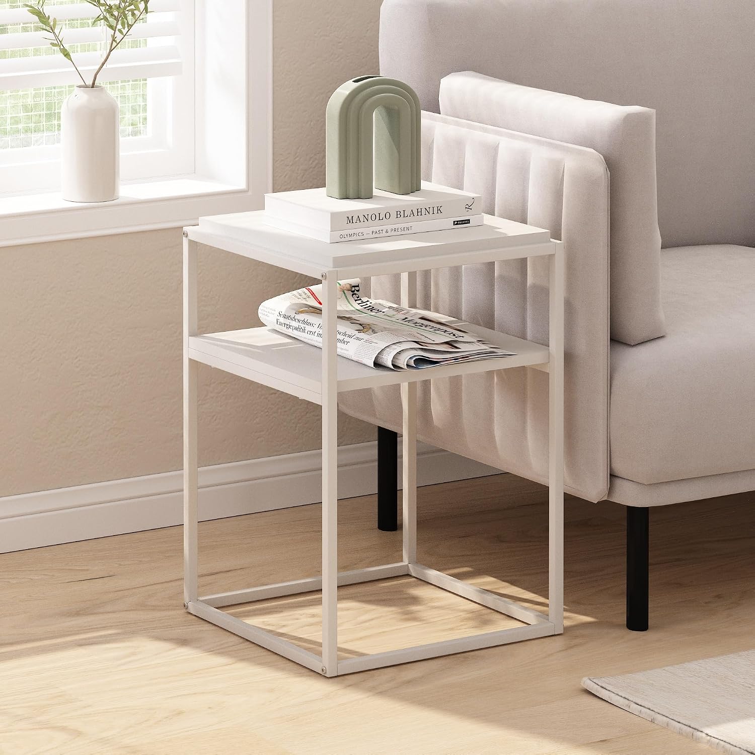 Furinno Moretti Side Table, 2-Tier Stackable Metal Frame End Table with Open Shelf, Night Stand, Bedside Table, Toolless Assembly, for Living Room, Bedroom, Solid White