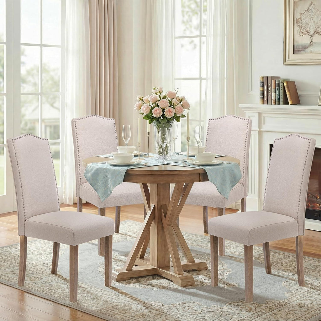 Upholstered Dining Chair Modern Stylish Parsons Kitchen Diner High Back with Silver Nailhead Trim & Wood Legs, Set of 2