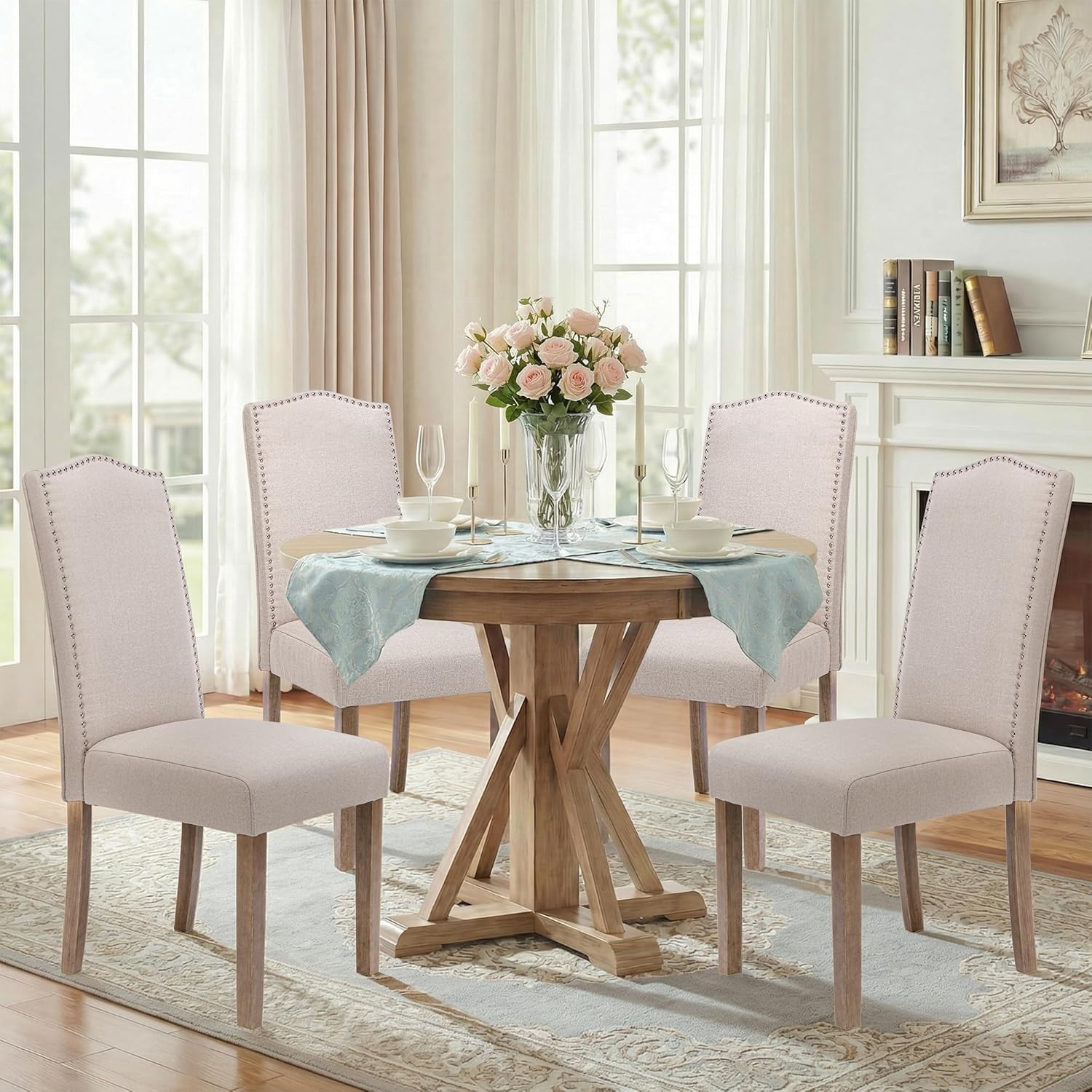 Upholstered Dining Chair Modern Stylish Parsons Kitchen Diner High Back with Silver Nailhead Trim & Wood Legs, Set of 2