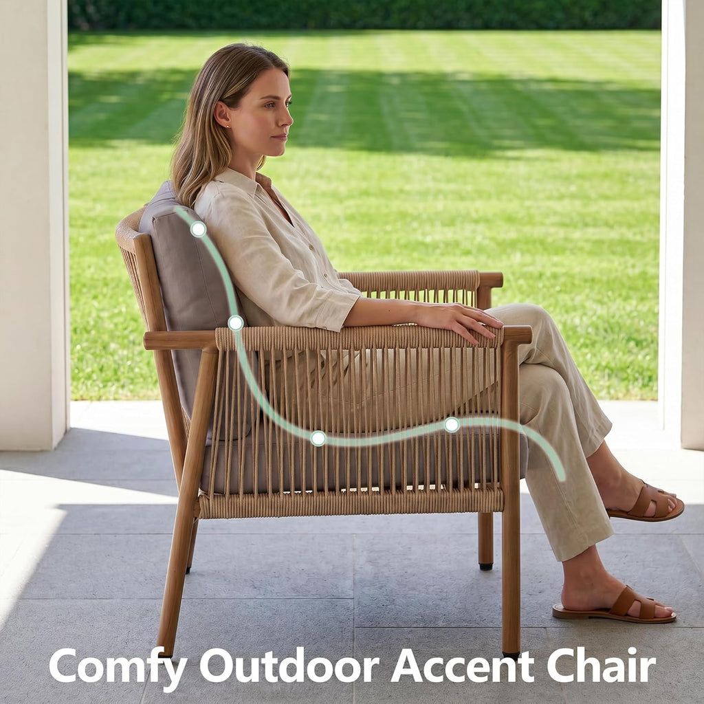 Outdoor Accent Chair, Patio Lounge Chairs Set of 2 with Hand-Woven Rope & Waterproof Cushions, Comfy Metal Patio Outdoor Chair, All-Weather Balcony Seating for Garden/Porch/Poolside, Grey
