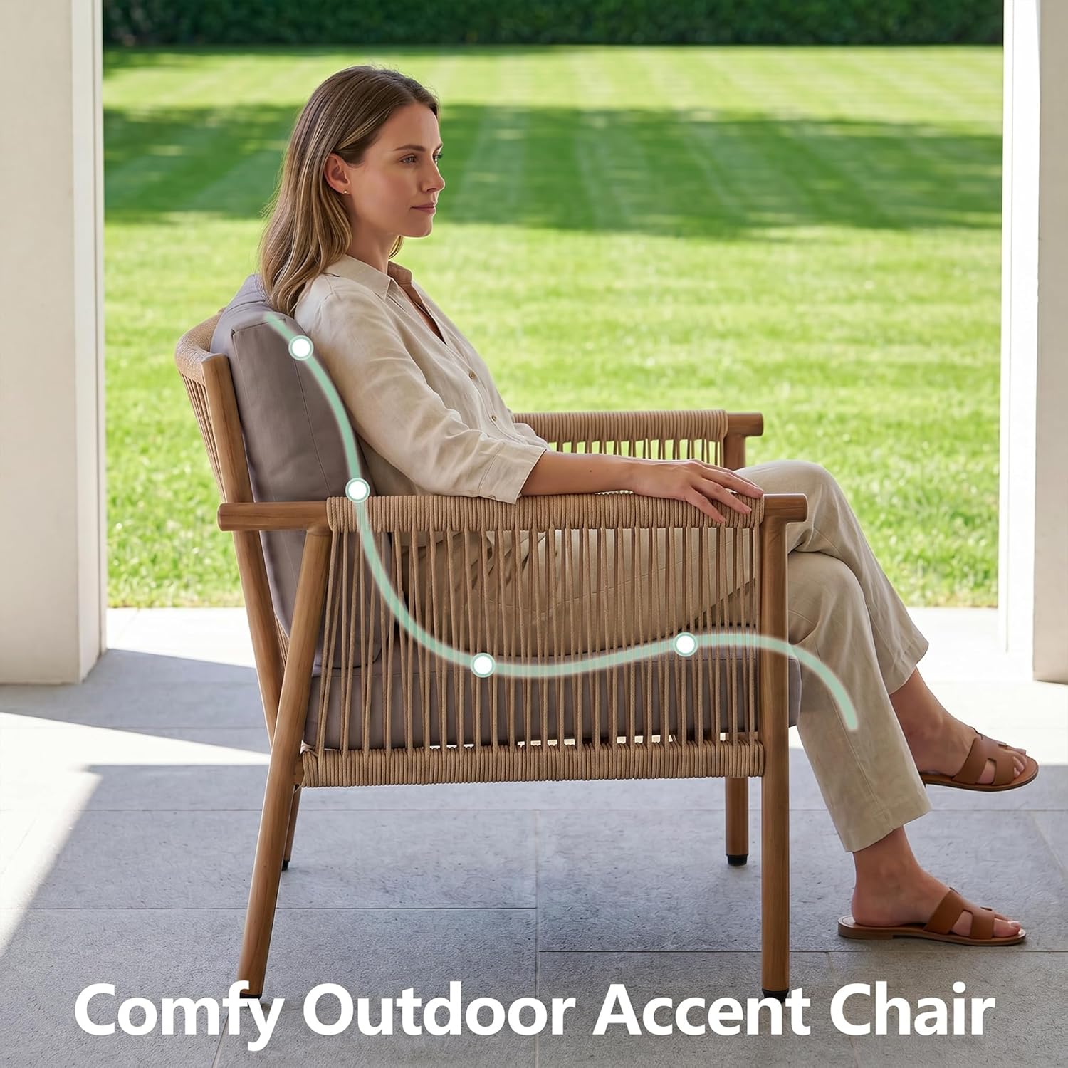 Outdoor Accent Chair, Patio Lounge Chairs Set of 2 with Hand-Woven Rope & Waterproof Cushions, Comfy Metal Patio Outdoor Chair, All-Weather Balcony Seating for Garden/Porch/Poolside, Grey