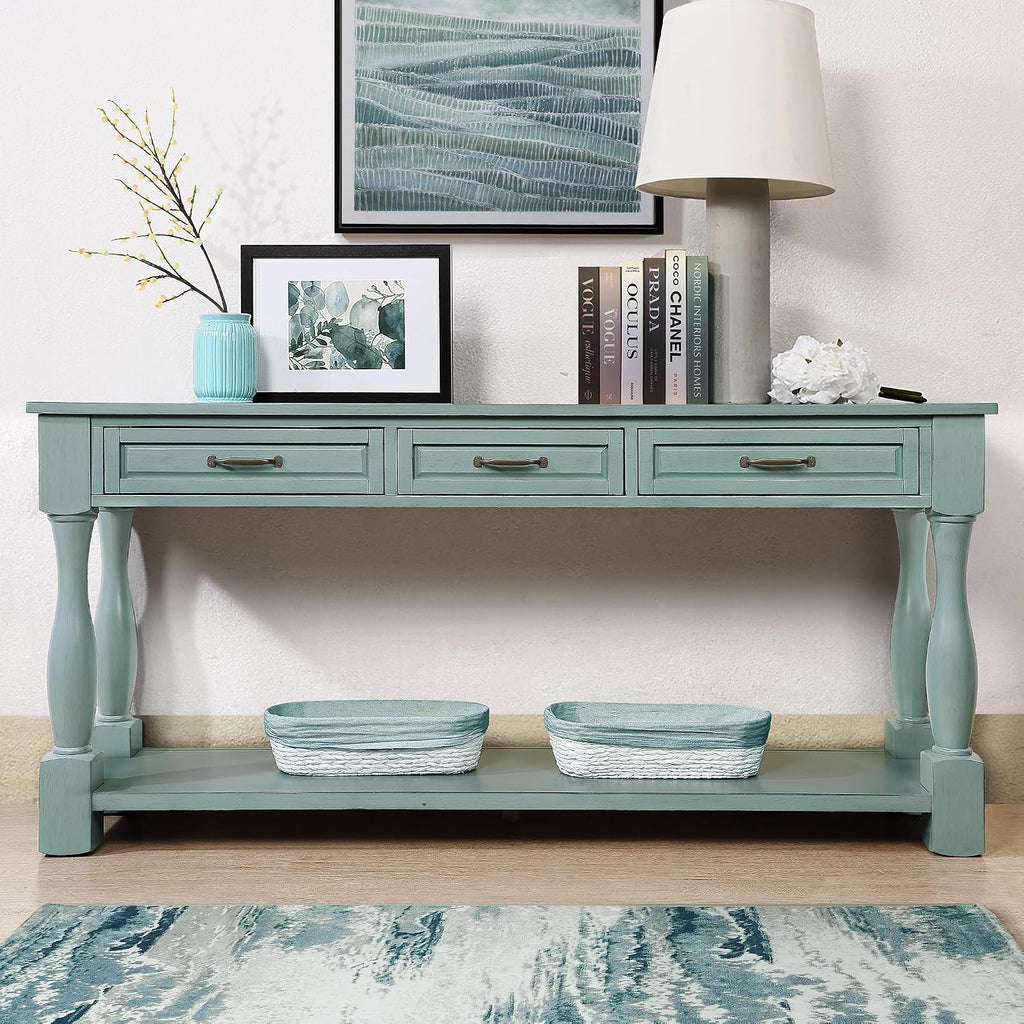 Merax Retro Console Table with 4 Drawers for Entryway, Sofa Table with Open Storage Shelf, Wood Side Table with Thick Legs for Living Room Bedroom, Retro Blue
