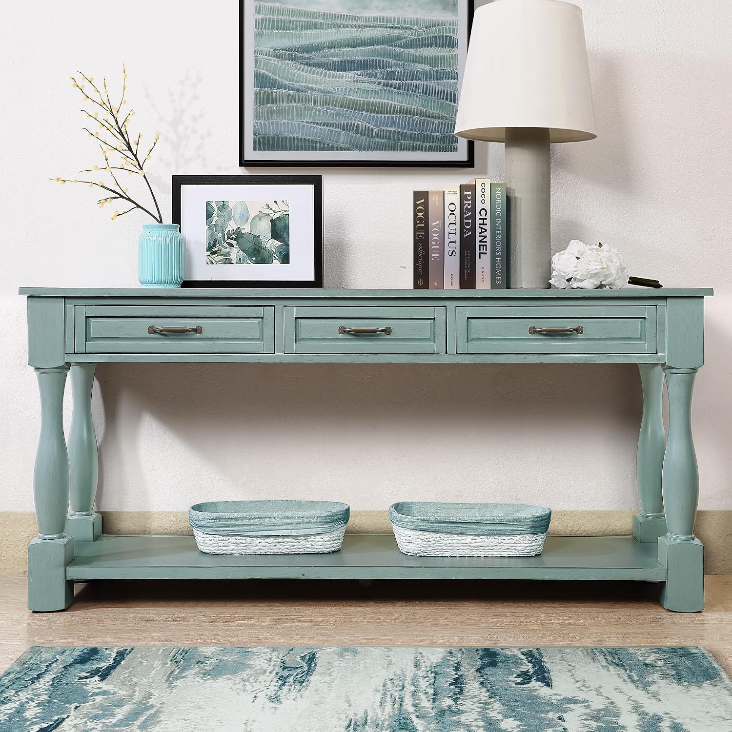 Merax Retro Console Table with 4 Drawers for Entryway, Sofa Table with Open Storage Shelf, Wood Side Table with Thick Legs for Living Room Bedroom, Retro Blue