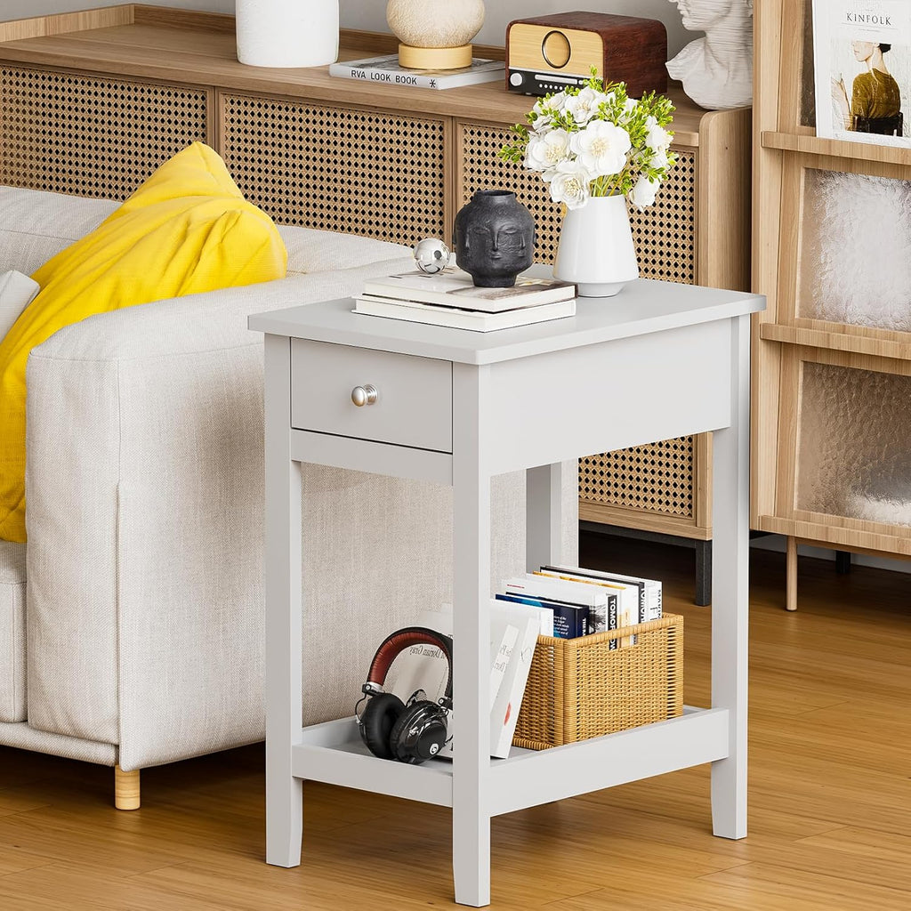 SEJOV Narrow Side Table, Small White End Table with Drawer & Storage Shelve Nightstand Wooden Bedside Table for Living Room Small Spaces Bedroom and Office