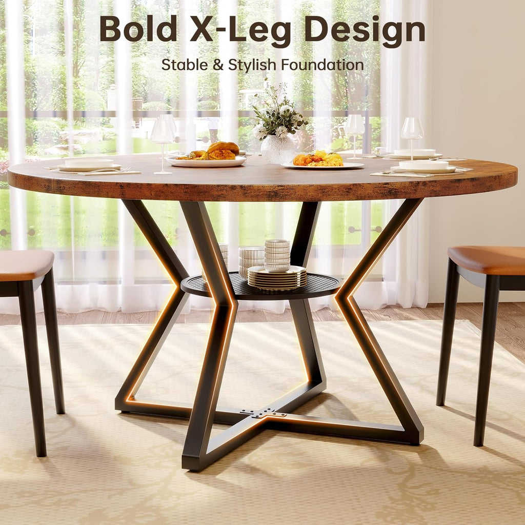 Concho 47" Round Dining Room Table for 4-6,Circle Kitchen Dining Dinner Table with Pedestal Metal Frame,Space Saving Wood Kitchen & Dining Room Furniture, Vintage Brown