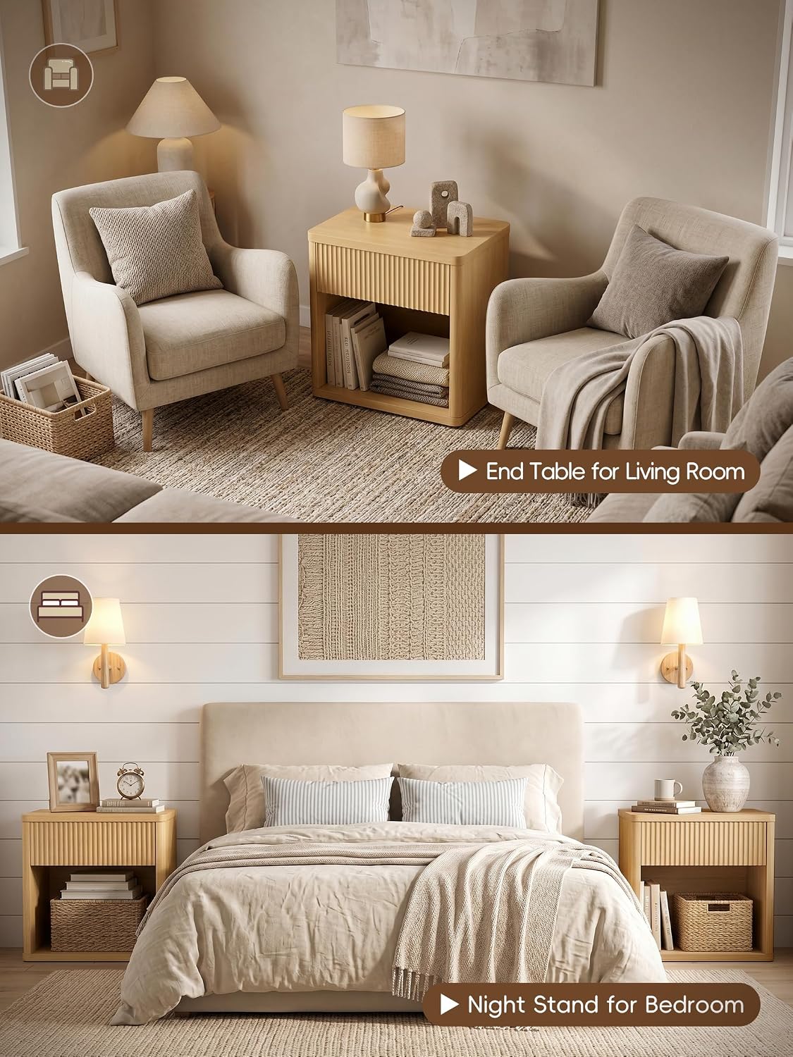 LubanNese Fluted Nightstands Set of 2 with Drawer, Modern Night Stand 23" W, Bedside Table with Storage Open Shelf, Mid Century Large Wide Wood End Table for Bedroom, Natural