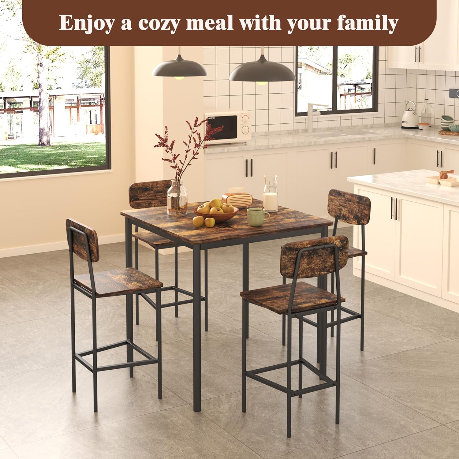 Kitchen Table and Chairs of 4, 5 Piece Dining Table Set, Sturdy Industrial Space Saving Dinette Set for Pub, Family Dinners, Apartment, Rustic Brown