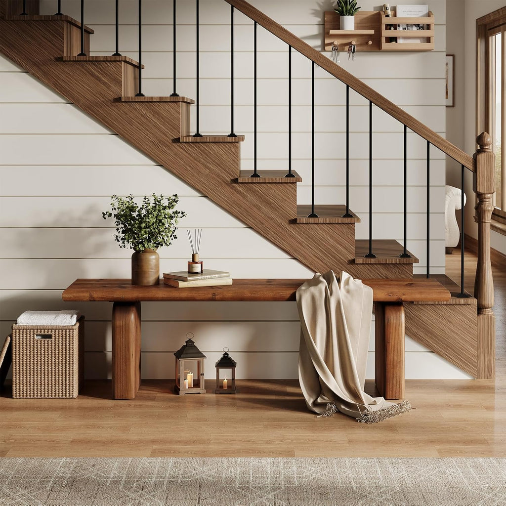 62.99-Inch Solid Wood Entryway Bench, Farmhouse Indoor Wooden End of Bed Bench for Entryway, Hallway, Bedroom, Dining Room, Living Room, Easy Assembly, Rustic Brown